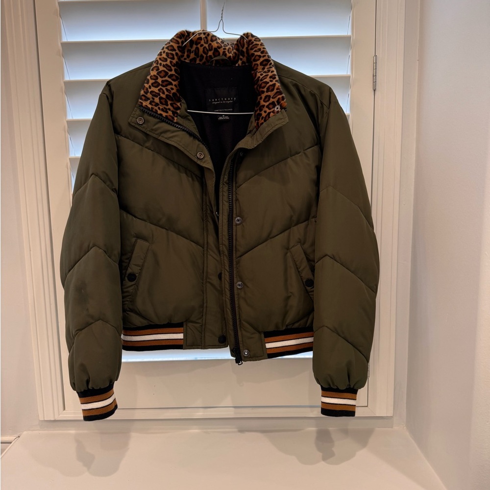 Sanctuary Olive Bomber Jacket with Leopard Collar